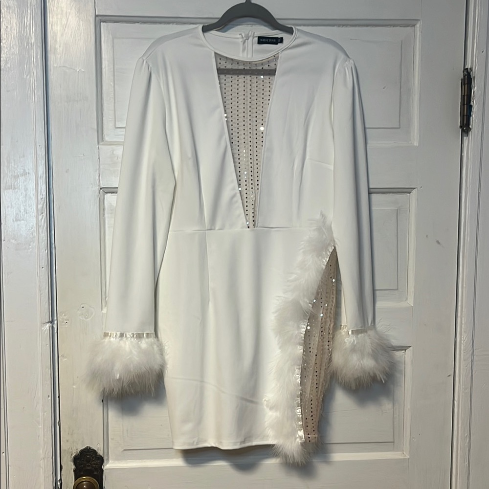 Chic White Dress with Faux Fur Accents